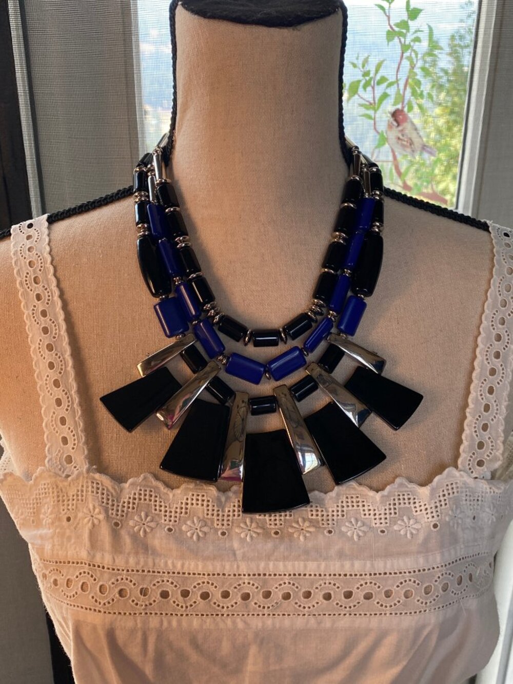 Vintage (1980's) Chico's Chunky Blue & Black Lucite Bead Statement Necklace